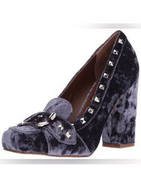 Naughty Monkey Crushed Velvet Block Heel Pumps w/ Buckle Detail – Blue – Sz 8.5